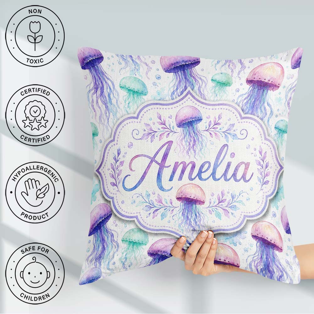 Custom Name Soft Watercolor in Pastel Purple and Seamless Marine Square Filled Cushion Throw Pillow Sofa Bed Home Decor Zip Washable UK Made