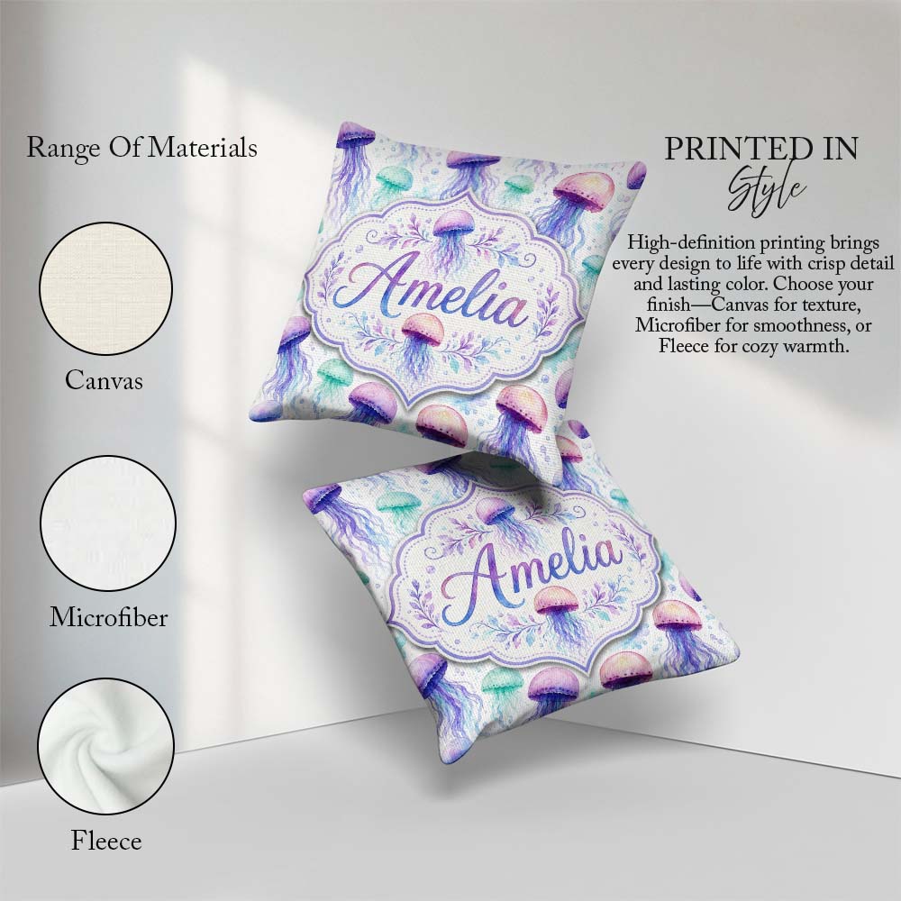 Custom Name Soft Watercolor in Pastel Purple and Seamless Marine Square Filled Cushion Throw Pillow Sofa Bed Home Decor Zip Washable UK Made