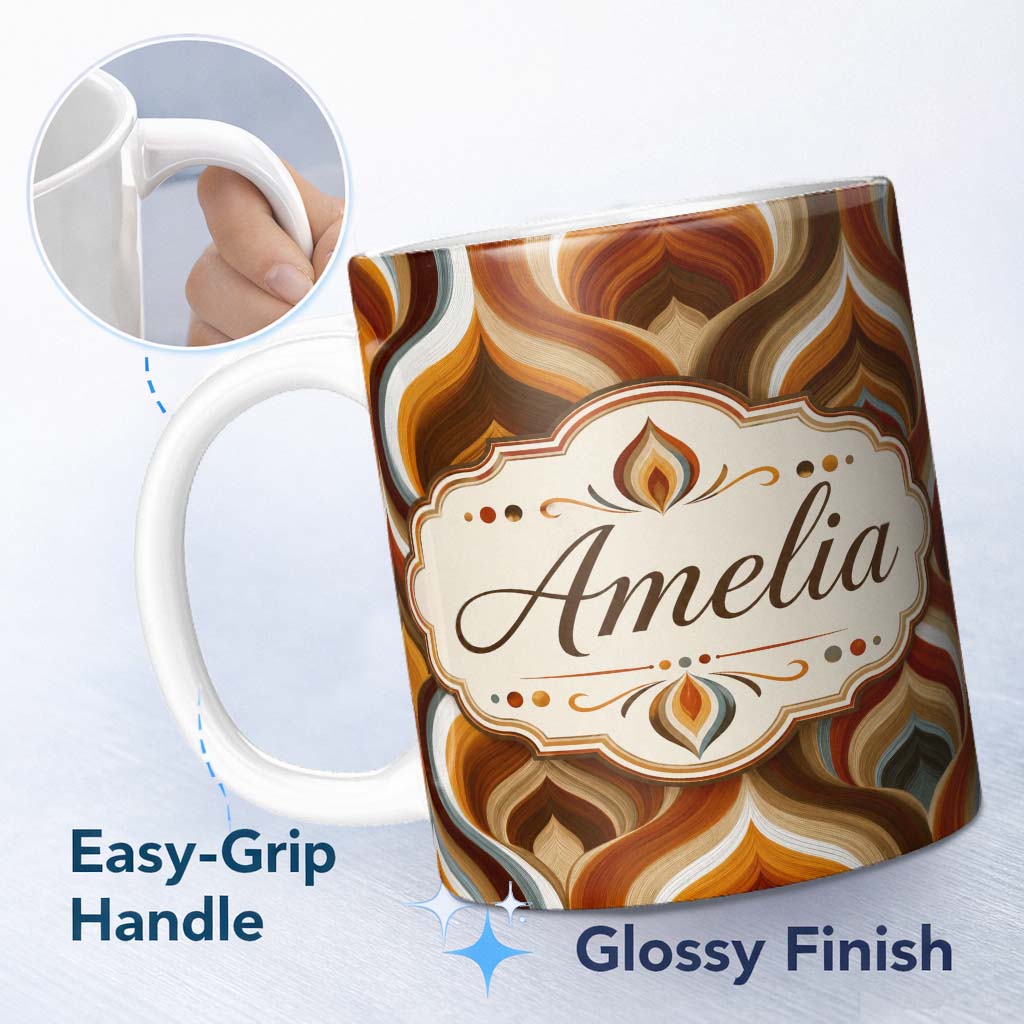 Personalized Custom Name Modern Abstract Rounded Square Pattern in Soft Muted Colors Lovely 11oz Ceramic Coffee Tea Mug White Large Handle