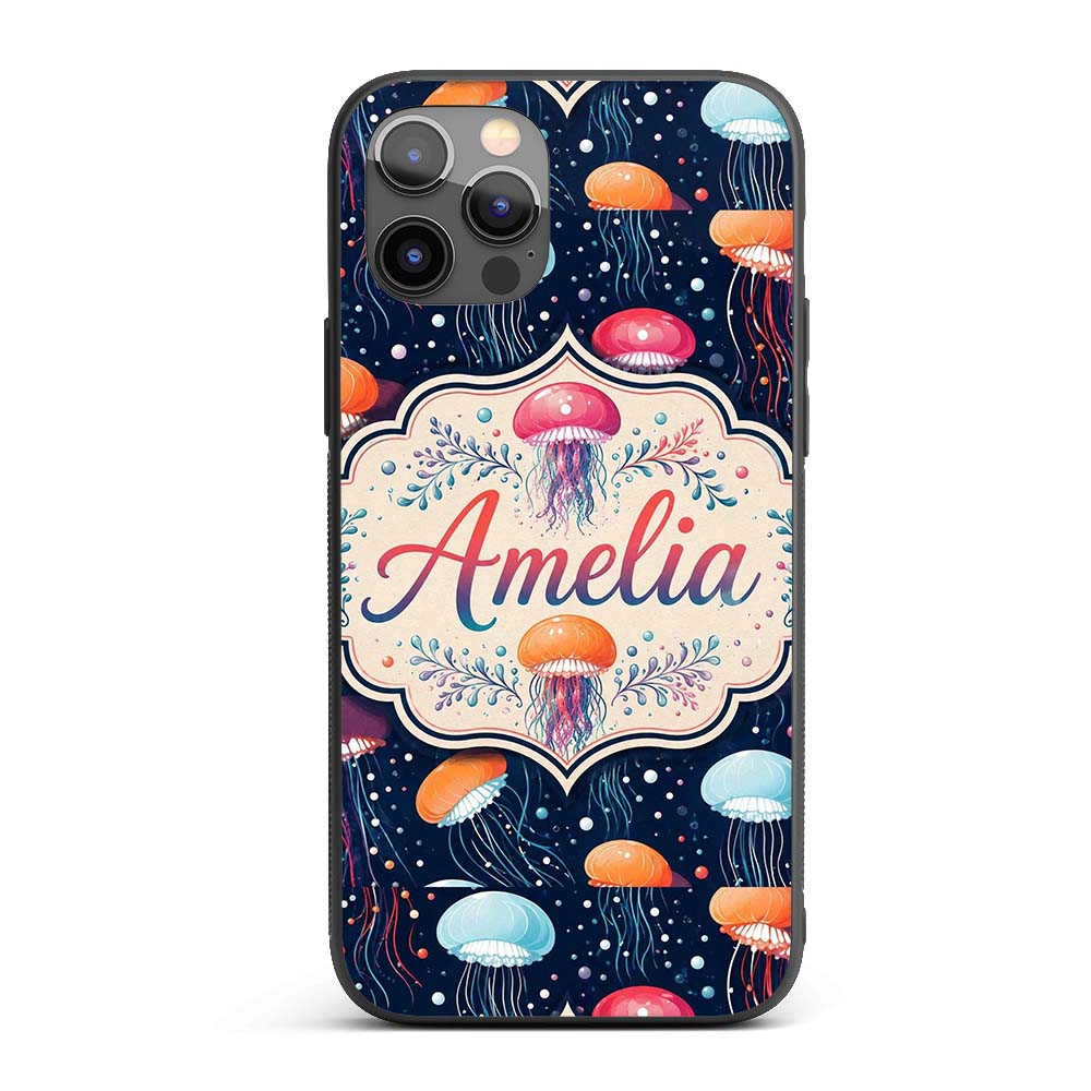 Colorful Cartoon Jellyfish on Dark Printed Design Custom Name Protective Phone Case Mobile Cover Durable Everyday Smartphone Shock Resistant