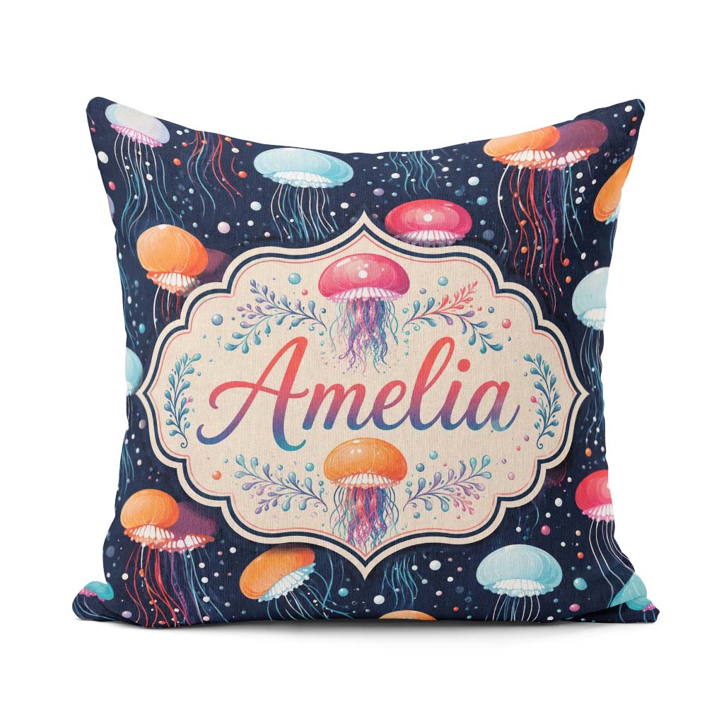 Custom Name Colorful Cartoon Jellyfish on Dark Navy Seamless Fun Square Filled Cushion Throw Pillow Sofa Bed Home Decor Zip Washable UK Made