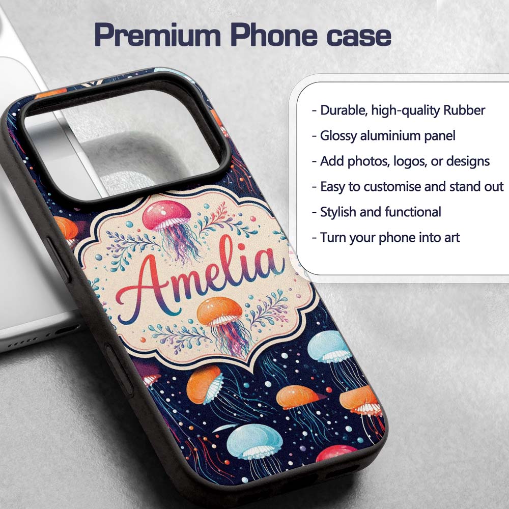 Colorful Cartoon Jellyfish on Dark Printed Design Custom Name Protective Phone Case Mobile Cover Durable Everyday Smartphone Shock Resistant