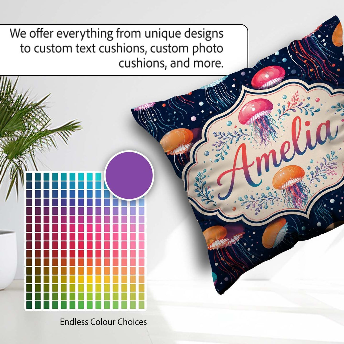 Custom Name Colorful Cartoon Jellyfish on Dark Navy Seamless Fun Square Filled Cushion Throw Pillow Sofa Bed Home Decor Zip Washable UK Made
