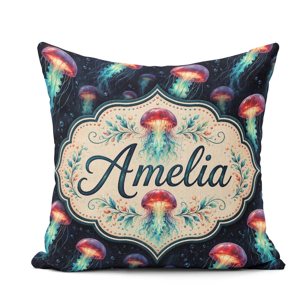 Custom Name Luminous Red Jellyfish Floating in Dark Ocean Marine Square Filled Cushion Throw Pillow Sofa Bed Home Decor Zip Washable UK Made
