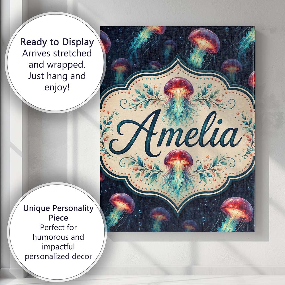 Personalised Name Luminous Red Jellyfish Custom Unique Gift Idea Elegant Feature Canvas Wall Art Print Decor Picture Ready to Hang