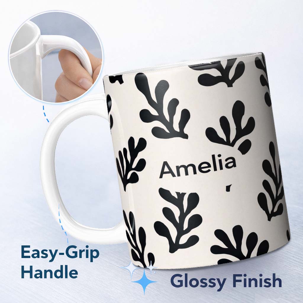 Personalized Custom Name Topographic Contour Lines Black Cream Abstract Landscape Pattern 11oz Ceramic Coffee Tea Mug White Large Handle