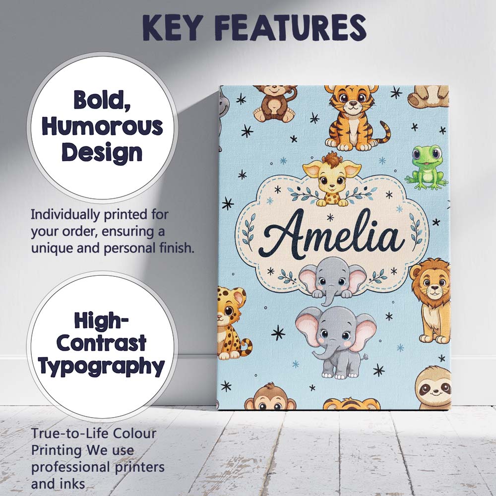 Personalised Name Cute Cartoon Safari Custom Modern Room Accent Creative Decorator Style Canvas Wall Art Print Decor Picture Ready to Hang