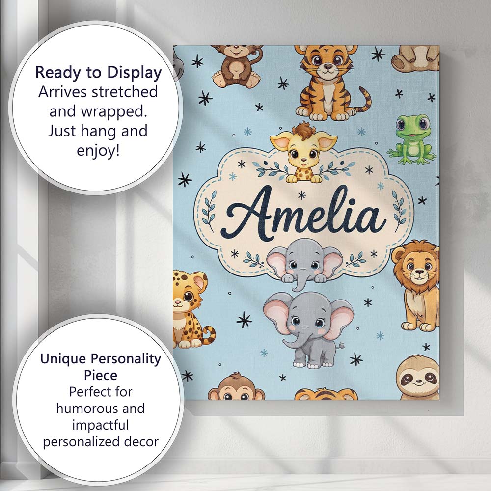 Personalised Name Cute Cartoon Safari Custom Modern Room Accent Creative Decorator Style Canvas Wall Art Print Decor Picture Ready to Hang