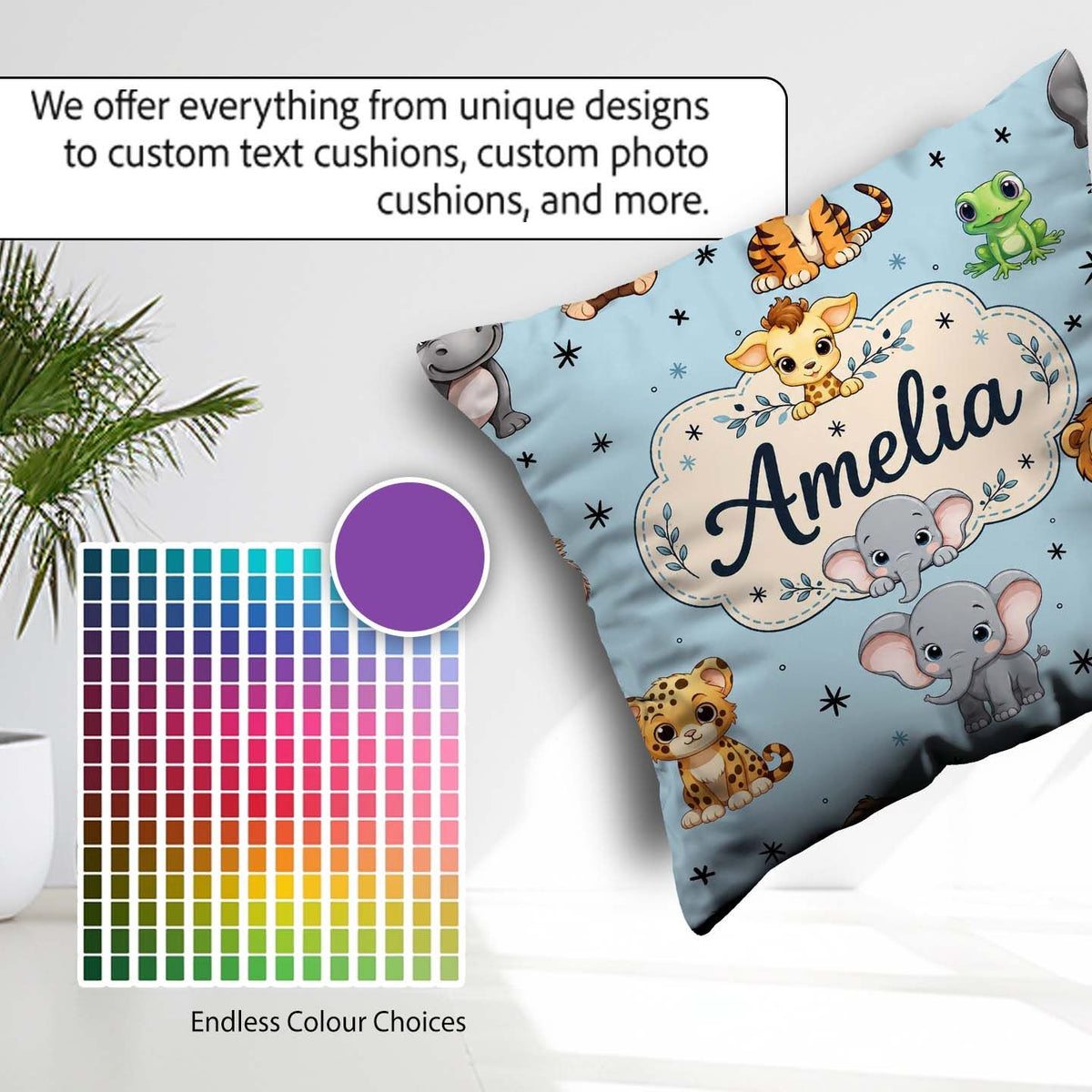 Custom Name Cute Cartoon Safari Animals with Stars on Soft Blue Square Filled Cushion Throw Pillow Sofa Bed Home Decor Zip Washable UK Made
