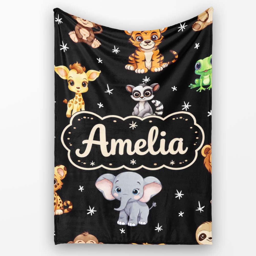 Cute Cartoon Safari Animals with Stars on Black Background Nursery Personalised Custom Name Super Soft Fleece Blanket Bed Sofa Throw