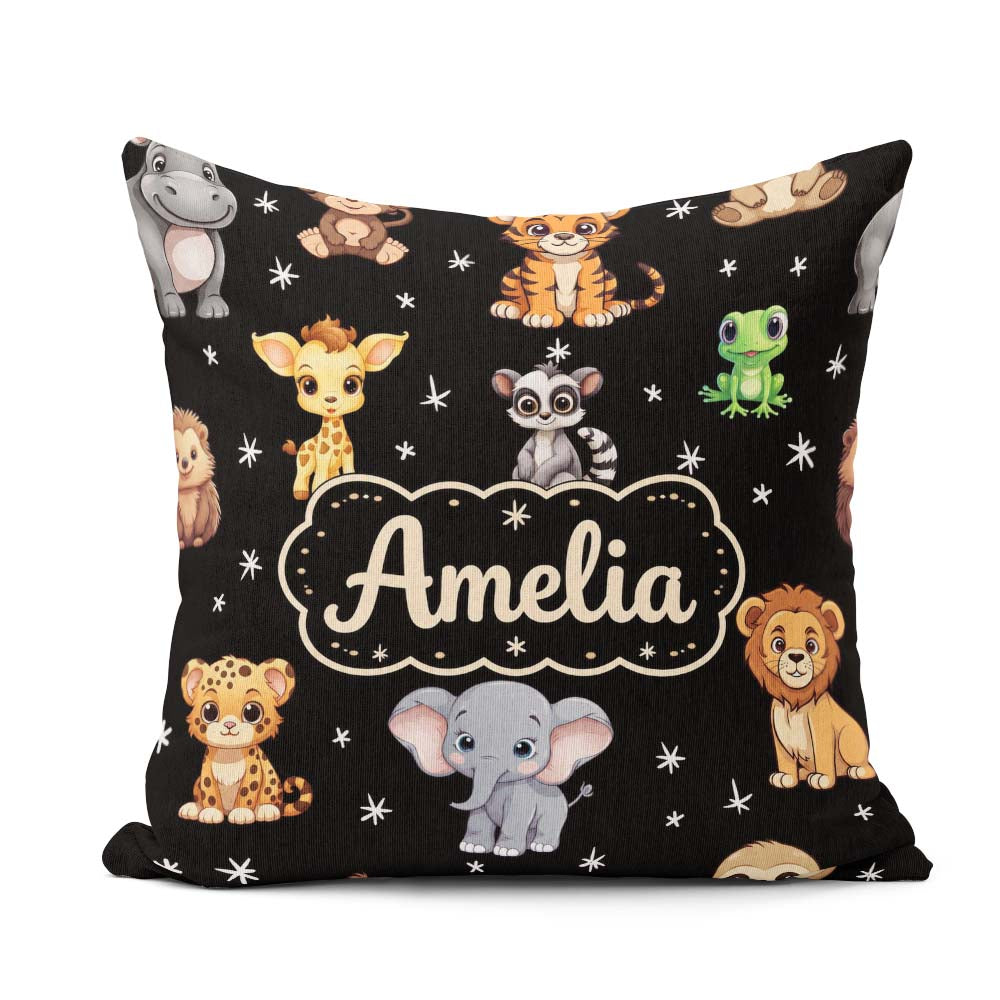 Custom Name Cartoon Safari Animals with Stars on Black Nursery Square Filled Cushion Throw Pillow Sofa Bed Home Decor Zip Washable UK Made