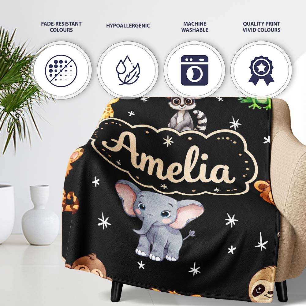 Cute Cartoon Safari Animals with Stars on Black Background Nursery Personalised Custom Name Super Soft Fleece Blanket Bed Sofa Throw