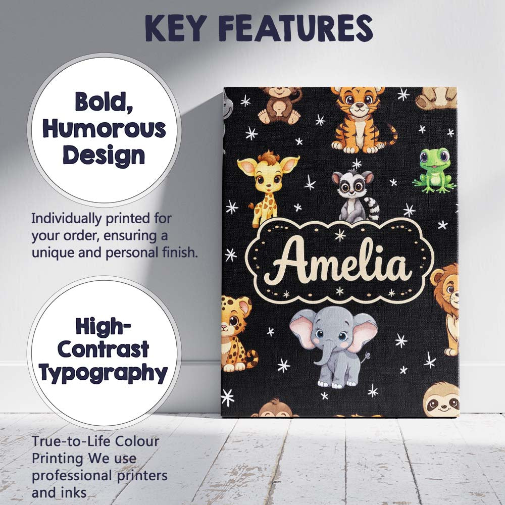 Personalised Name Cute Cartoon Safari Custom Modern Room Accent Creative Decorator Style Canvas Wall Art Print Decor Picture Ready to Hang