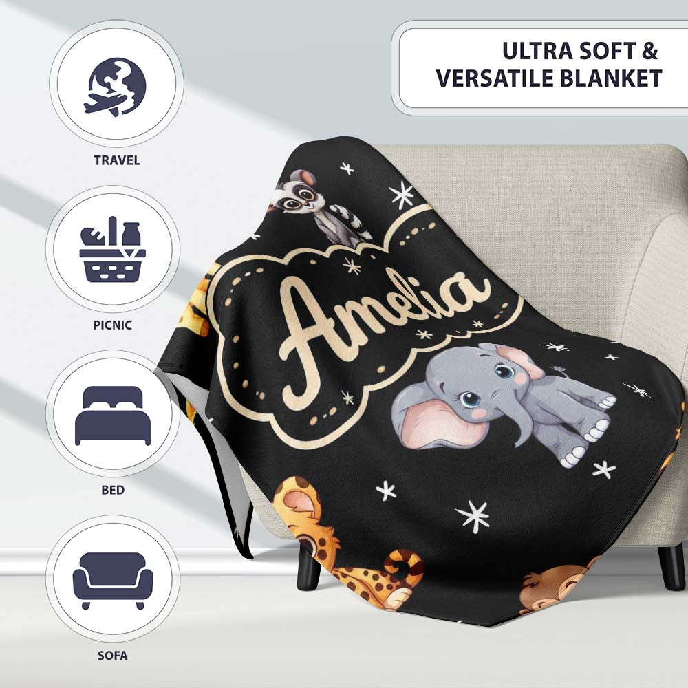 Cute Cartoon Safari Animals with Stars on Black Background Nursery Personalised Custom Name Super Soft Fleece Blanket Bed Sofa Throw