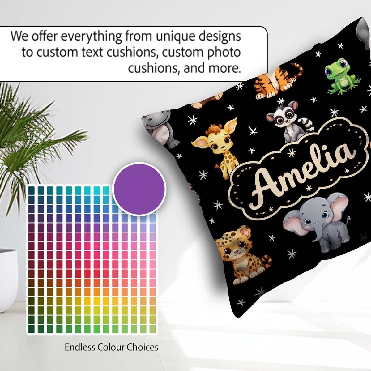 Custom Name Cartoon Safari Animals with Stars on Black Nursery Square Filled Cushion Throw Pillow Sofa Bed Home Decor Zip Washable UK Made