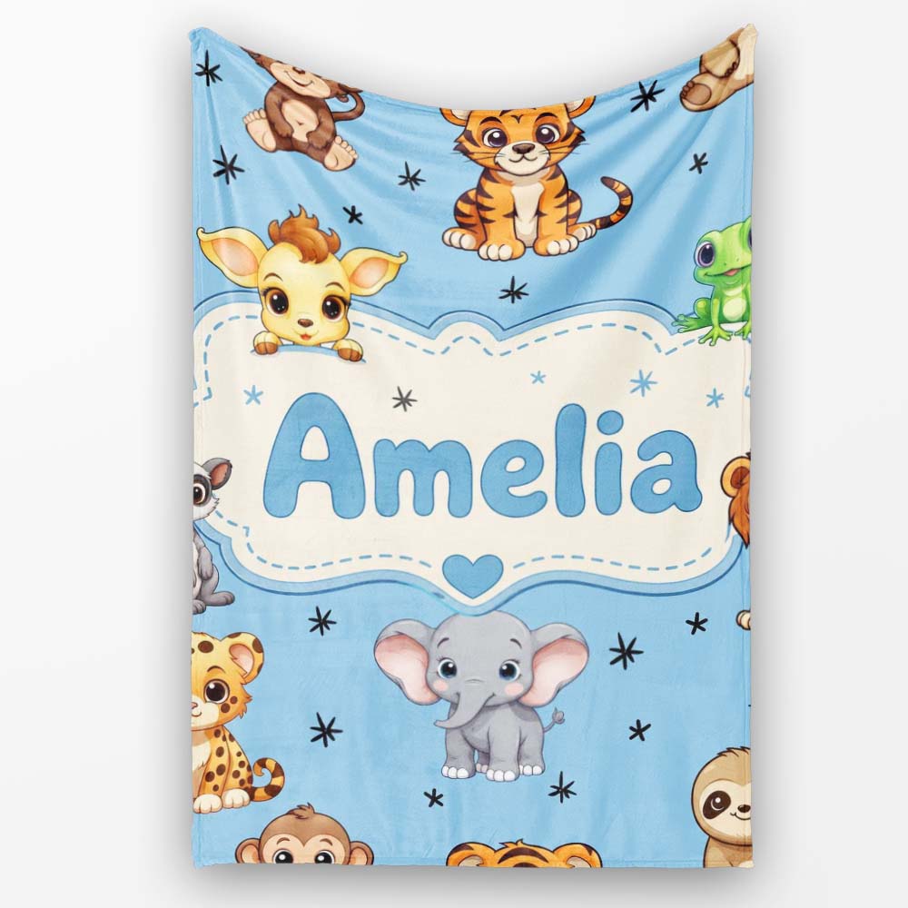 Cute Cartoon Safari Animals with Stars on Blue Background Nursery Personalised Custom Name Super Soft Fleece Blanket Bed Sofa Throw