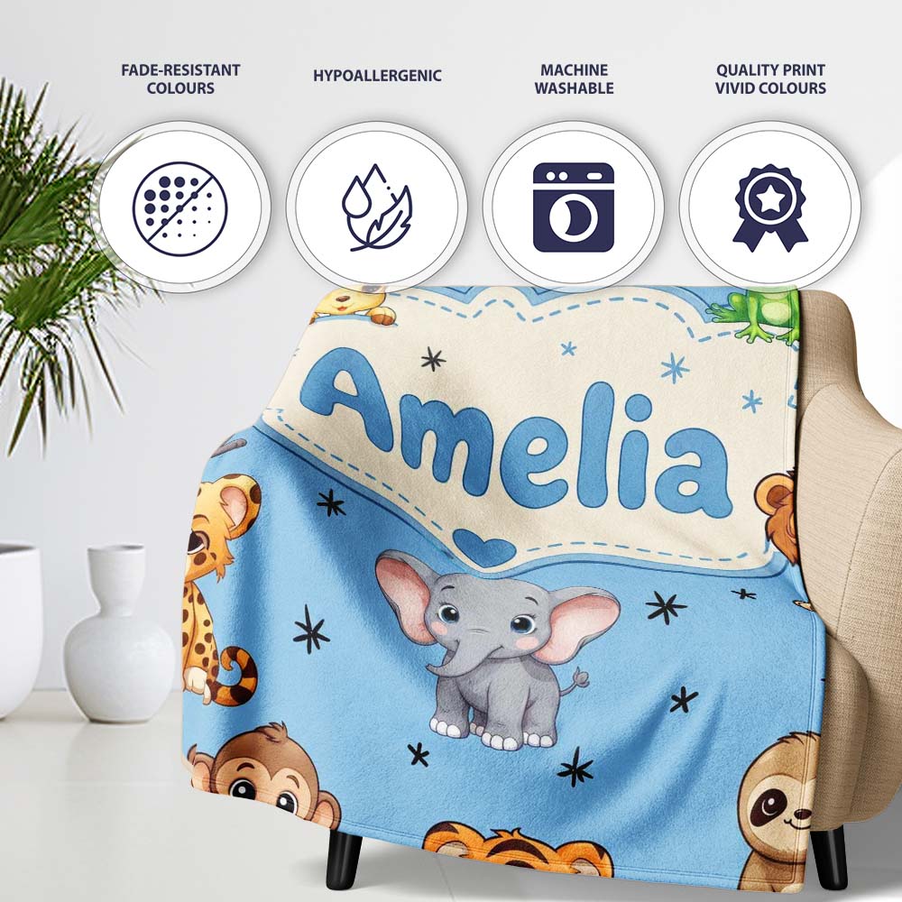 Cute Cartoon Safari Animals with Stars on Blue Background Nursery Personalised Custom Name Super Soft Fleece Blanket Bed Sofa Throw