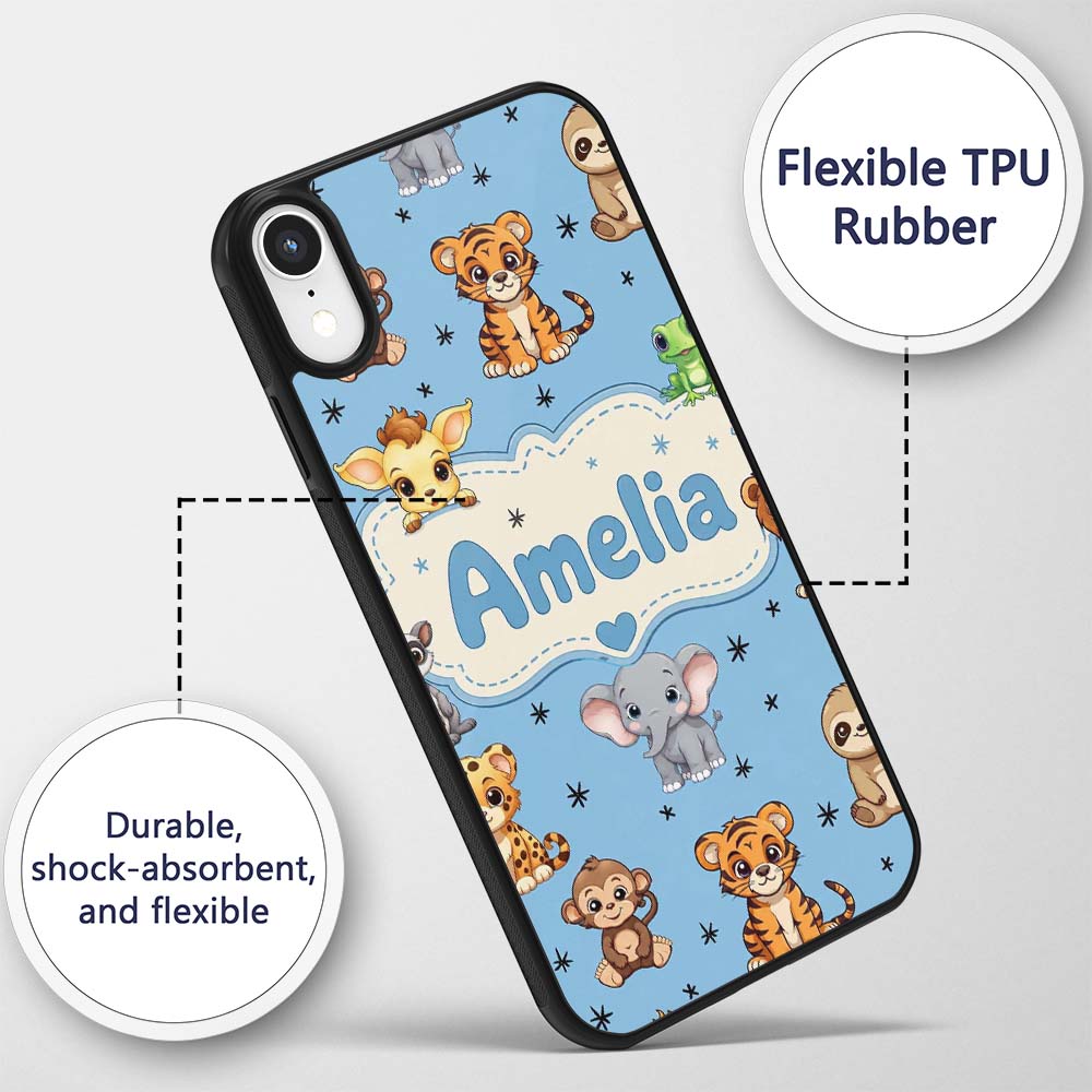 Cute Cartoon Safari Animals with Stars on Blue Custom Name Protective Phone Case Mobile Cover Durable Everyday Smartphone Shock Resistant