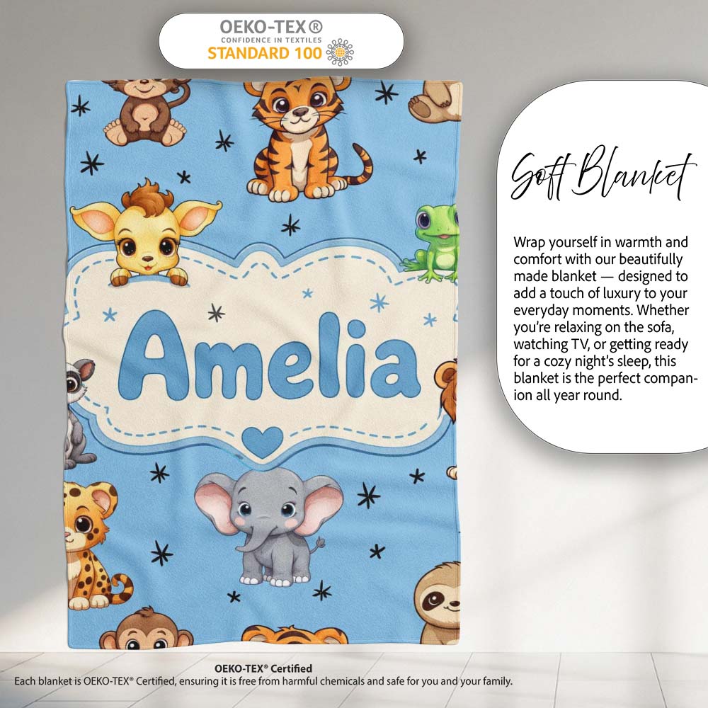 Cute Cartoon Safari Animals with Stars on Blue Background Nursery Personalised Custom Name Super Soft Fleece Blanket Bed Sofa Throw