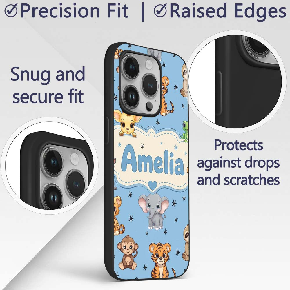 Cute Cartoon Safari Animals with Stars on Blue Custom Name Protective Phone Case Mobile Cover Durable Everyday Smartphone Shock Resistant
