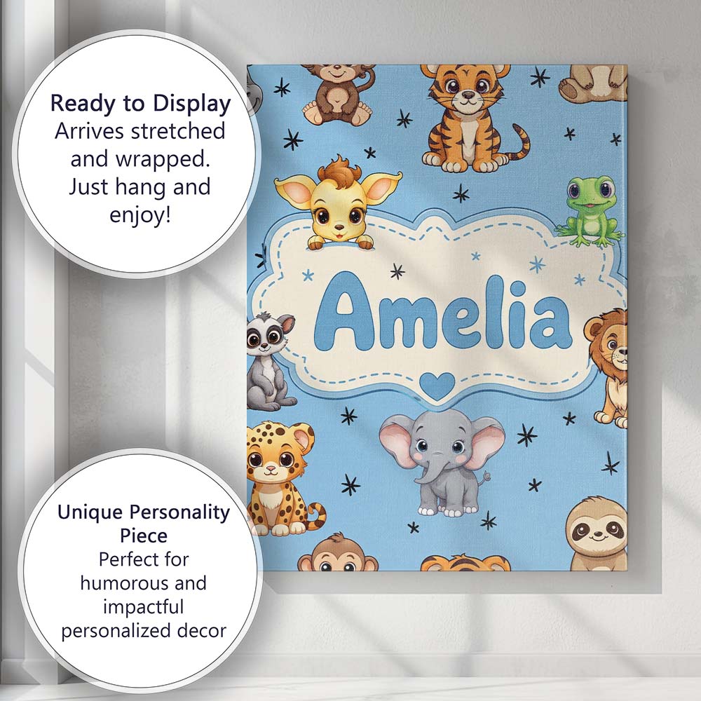 Personalised Name Cute Cartoon Safari Custom Modern Room Accent Creative Decorator Style Canvas Wall Art Print Decor Picture Ready to Hang