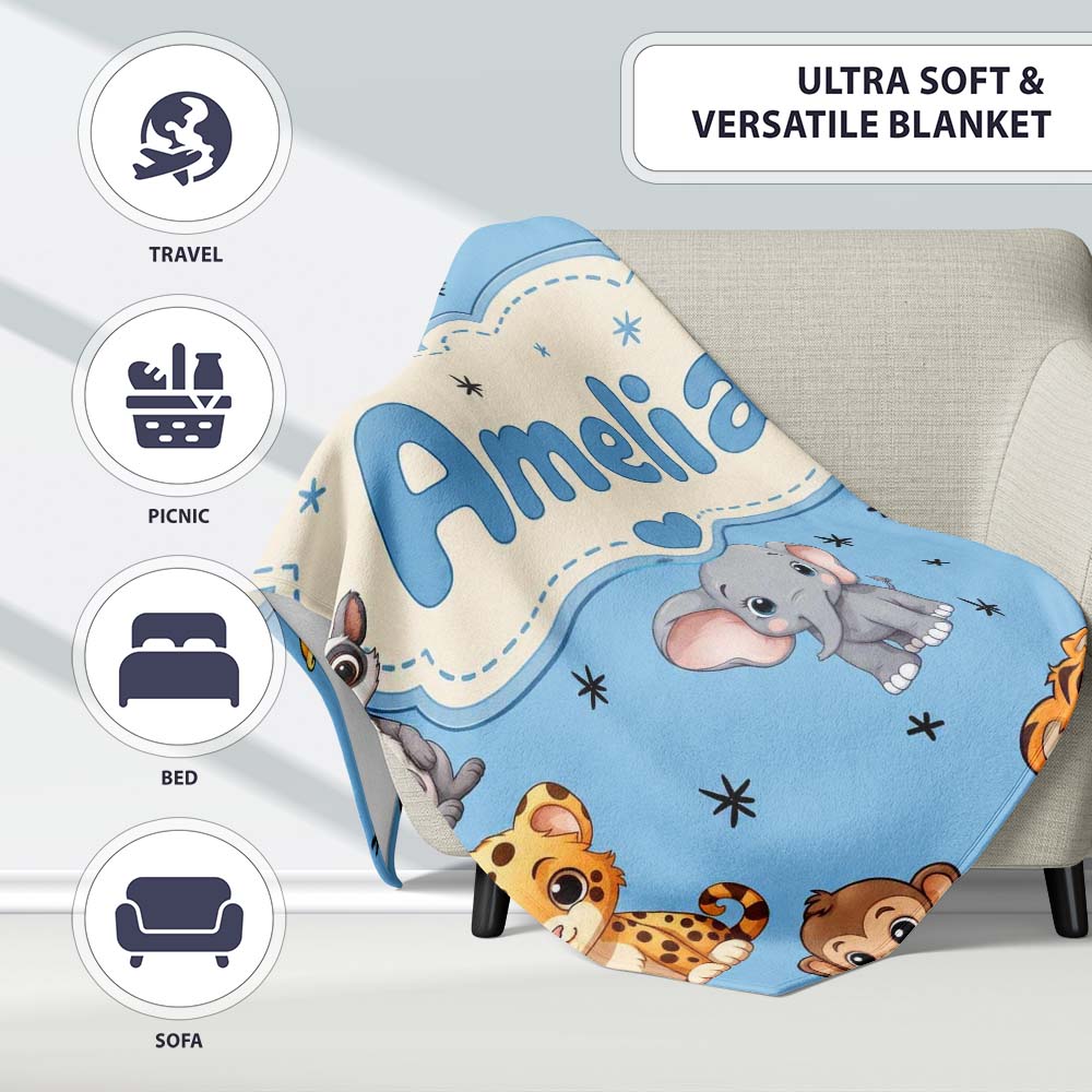 Cute Cartoon Safari Animals with Stars on Blue Background Nursery Personalised Custom Name Super Soft Fleece Blanket Bed Sofa Throw