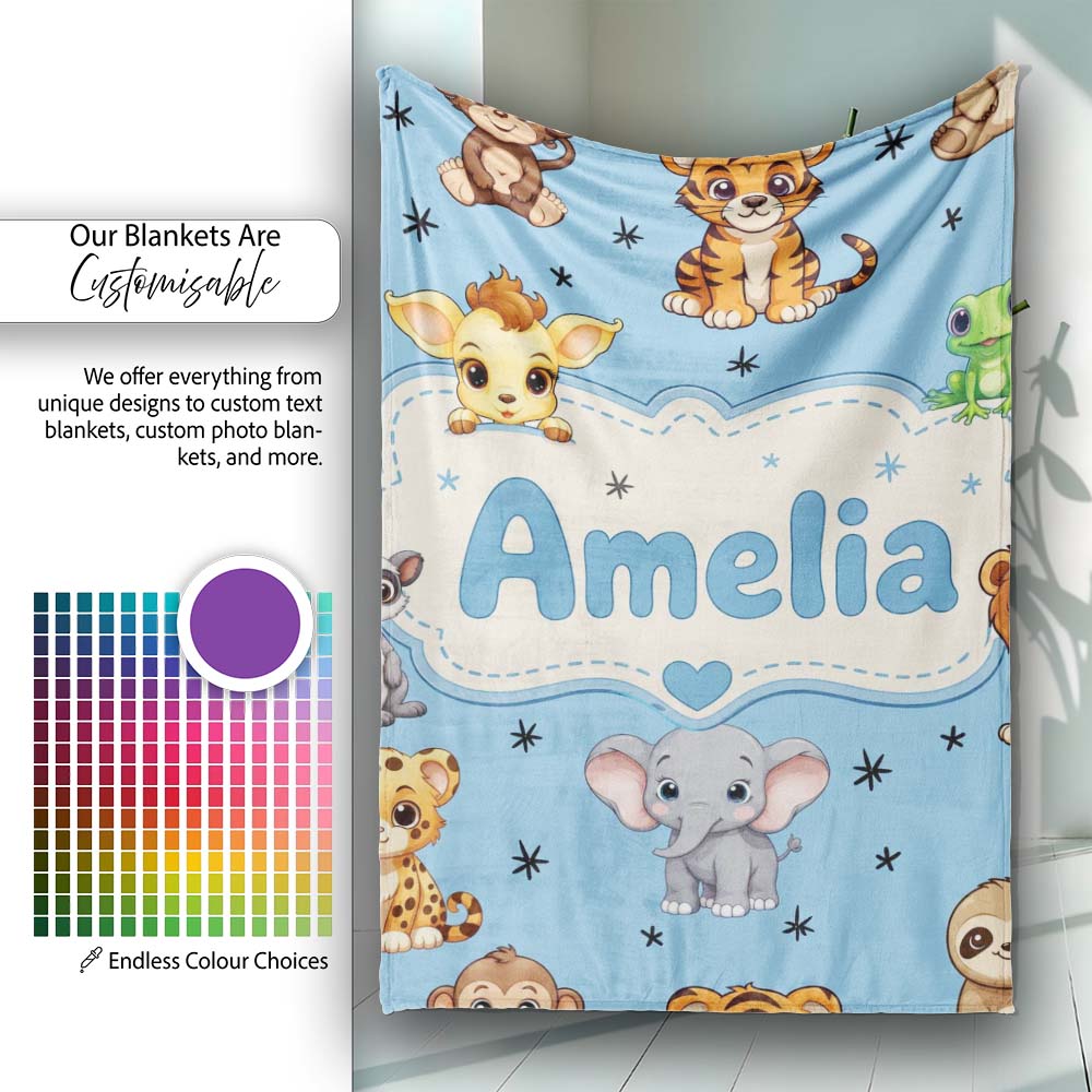 Cute Cartoon Safari Animals with Stars on Blue Background Nursery Personalised Custom Name Super Soft Fleece Blanket Bed Sofa Throw