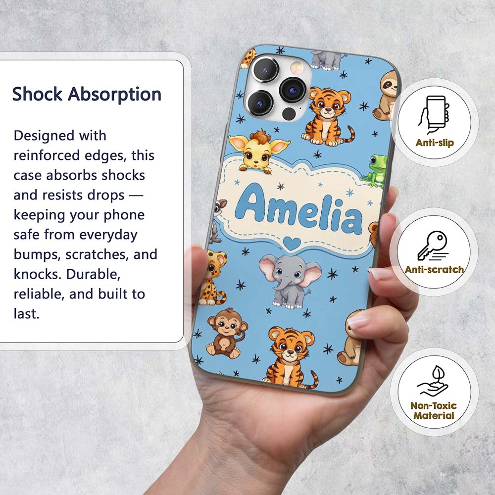 Cute Cartoon Safari Animals with Stars on Blue Custom Name Protective Phone Case Mobile Cover Durable Everyday Smartphone Shock Resistant
