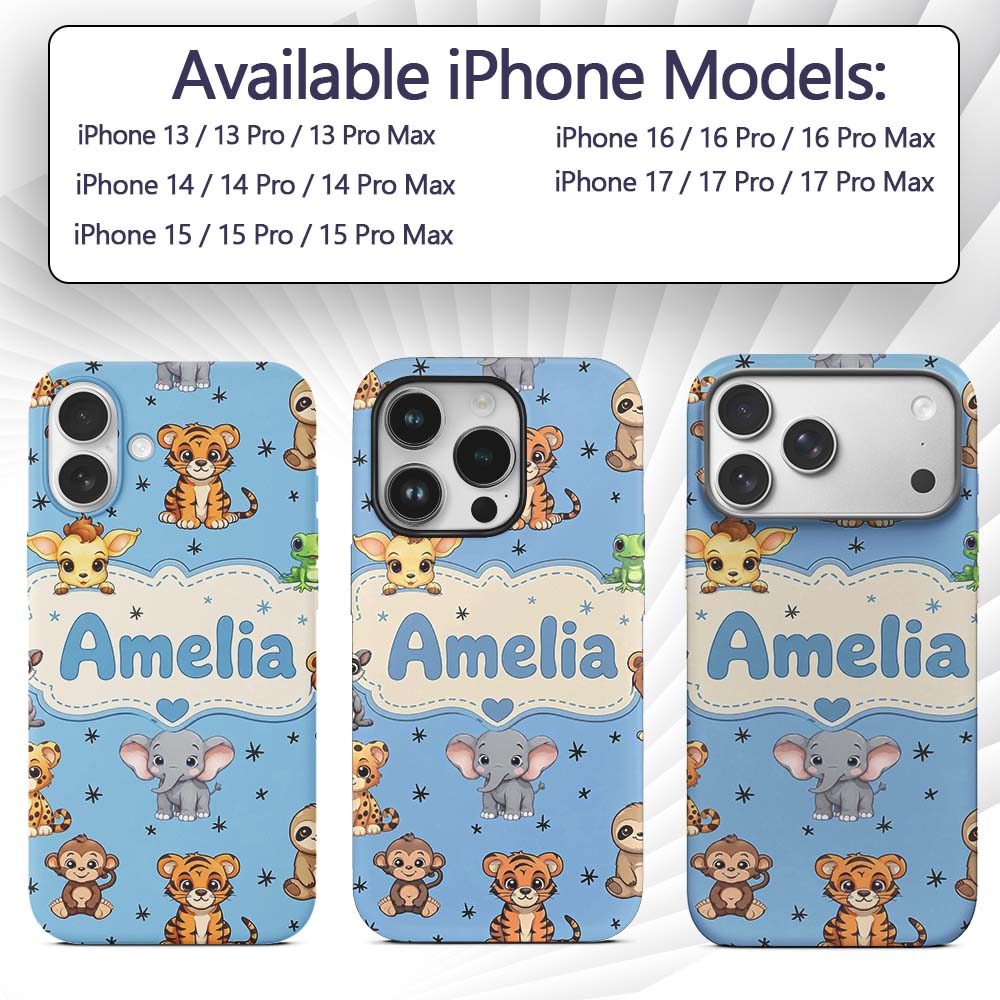 Cute Cartoon Safari Animals with Stars on Blue Custom Name Protective Phone Case Mobile Cover Durable Everyday Smartphone Shock Resistant