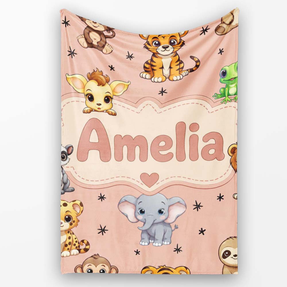 Cute Cartoon Safari Animals with Stars on Peach Background Nursery Personalised Custom Name Super Soft Fleece Blanket Bed Sofa Throw