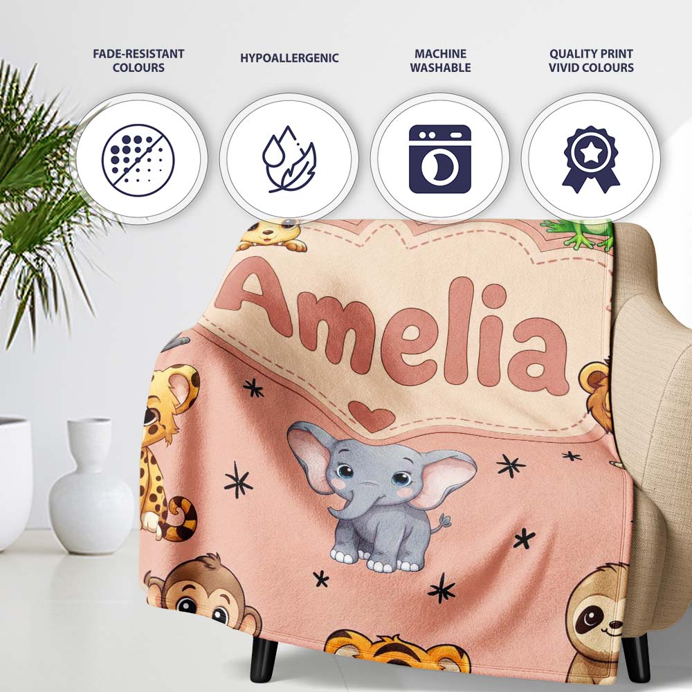 Cute Cartoon Safari Animals with Stars on Peach Background Nursery Personalised Custom Name Super Soft Fleece Blanket Bed Sofa Throw