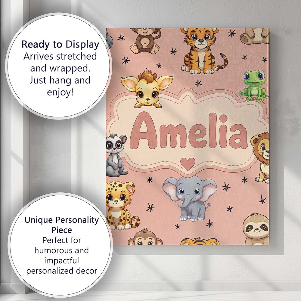 Personalised Name Cute Cartoon Safari Custom Modern Room Accent Creative Decorator Style Canvas Wall Art Print Decor Picture Ready to Hang