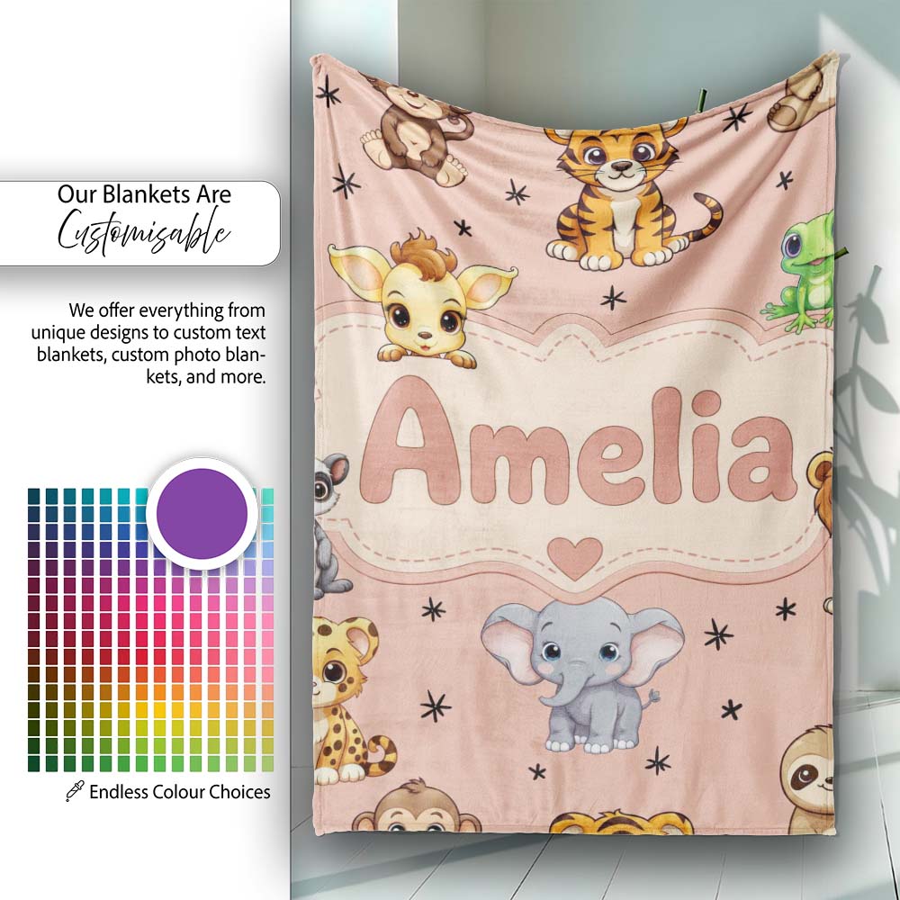 Cute Cartoon Safari Animals with Stars on Peach Background Nursery Personalised Custom Name Super Soft Fleece Blanket Bed Sofa Throw