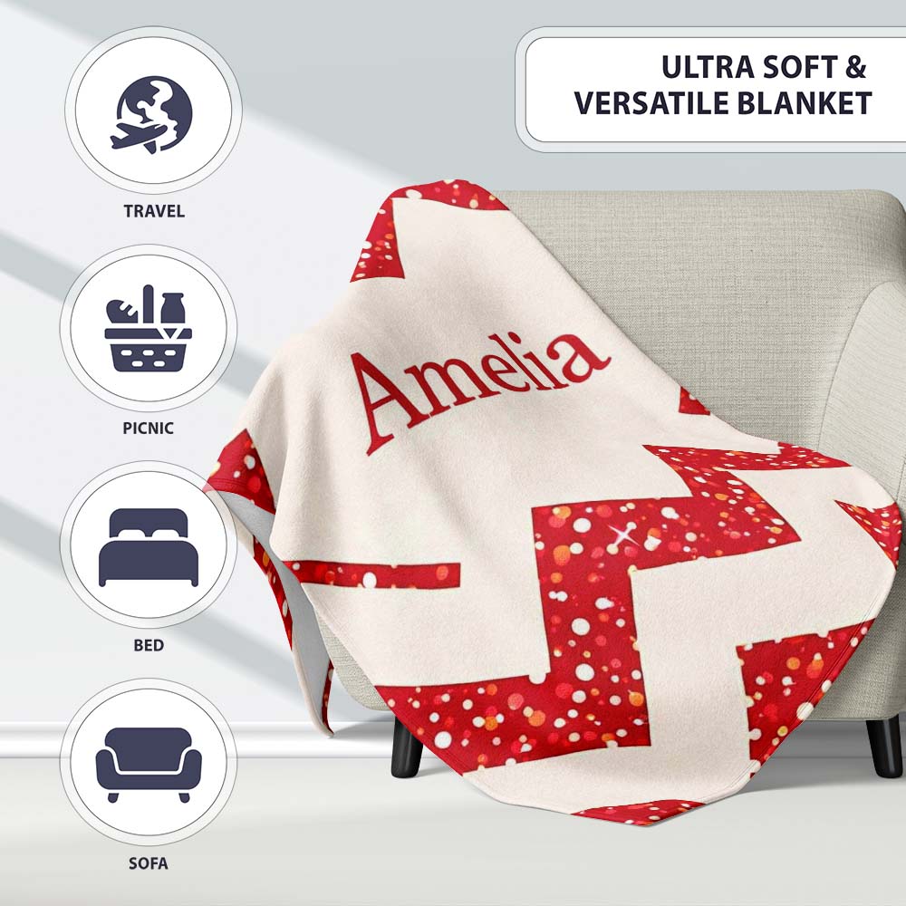 Red Glitter Chevron Pattern Festive Bold Seamless Design Lovely Personalised Custom Name Super Soft Fleece Blanket Bed Sofa Throw