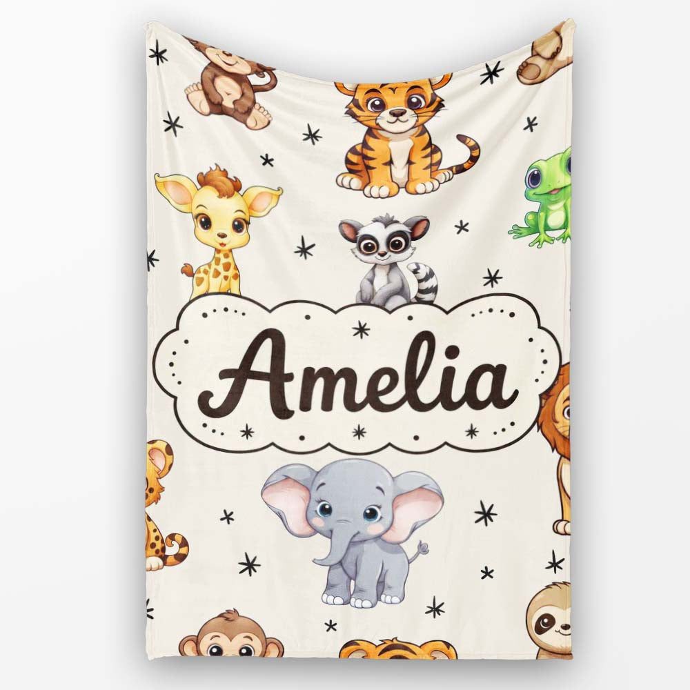 Cute Cartoon Safari Animals with Stars on Beige Background Nursery Personalised Custom Name Super Soft Fleece Blanket Bed Sofa Throw