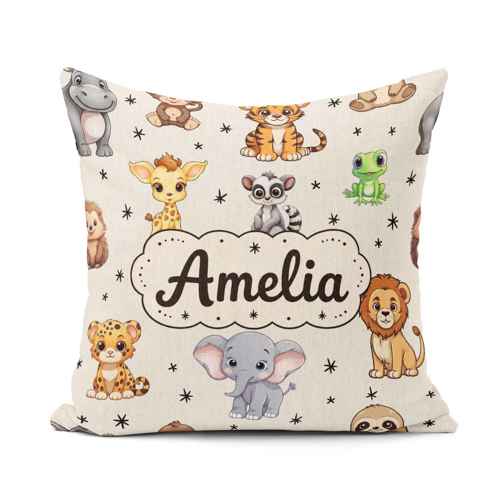 Custom Name Cartoon Safari Animals with Stars on Beige Nursery Square Filled Cushion Throw Pillow Sofa Bed Home Decor Zip Washable UK Made