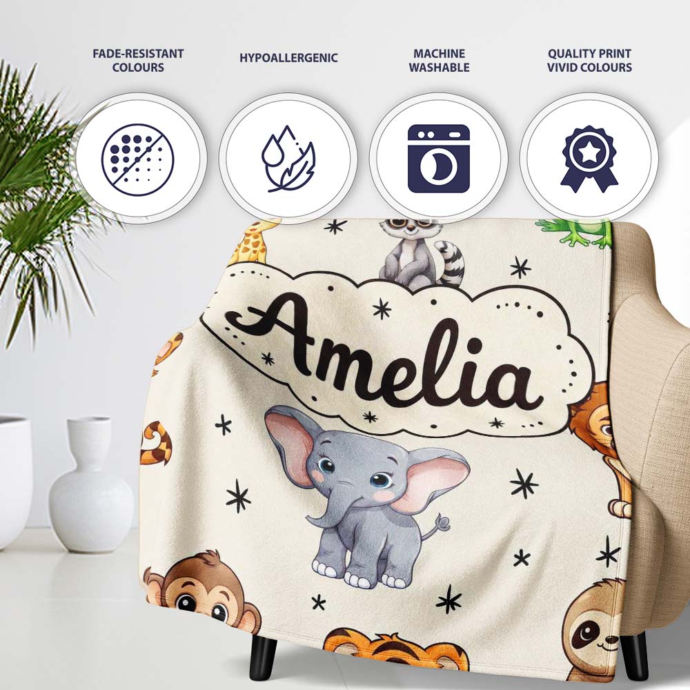 Cute Cartoon Safari Animals with Stars on Beige Background Nursery Personalised Custom Name Super Soft Fleece Blanket Bed Sofa Throw