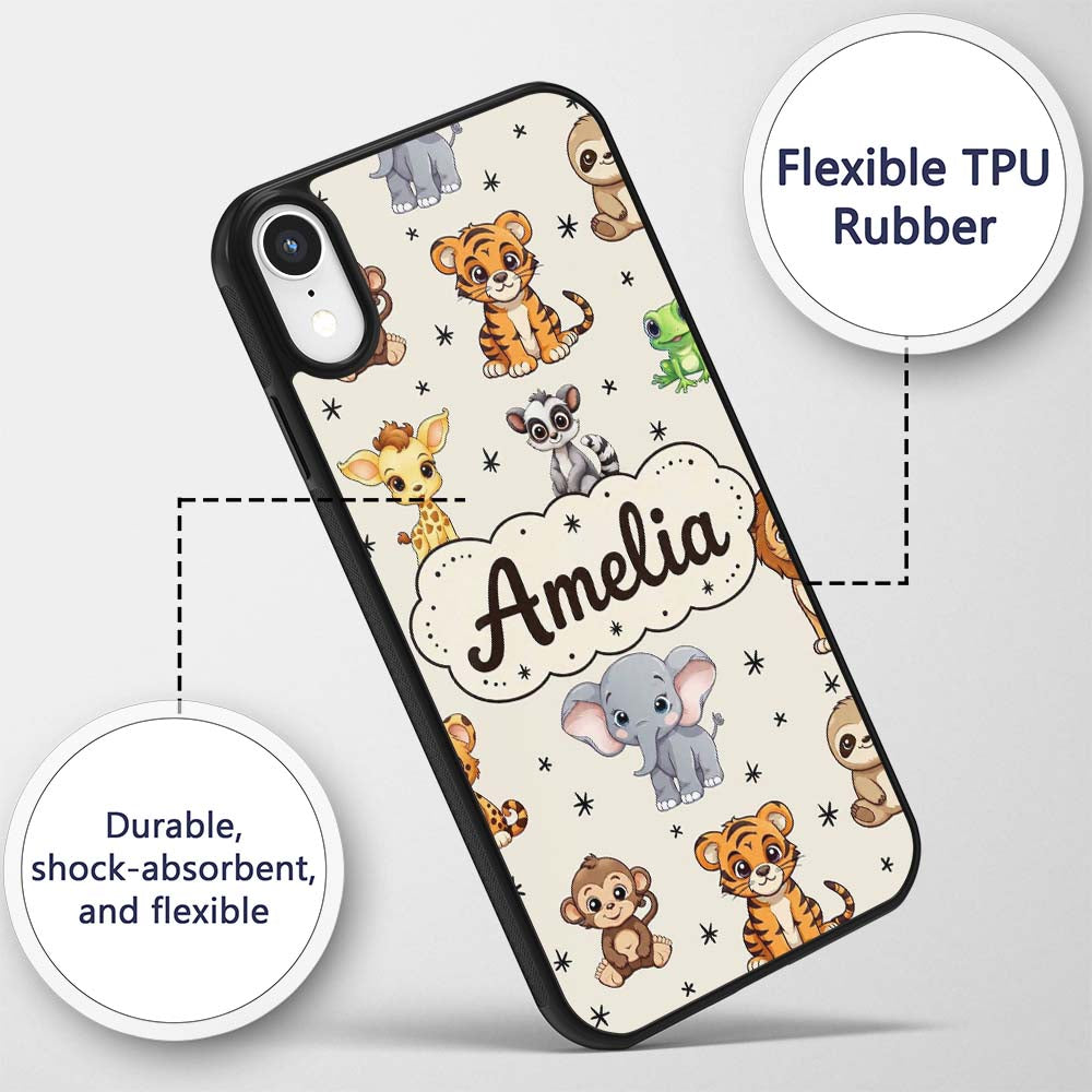 Cute Cartoon Safari Animals with Stars on Beige Custom Name Protective Phone Case Mobile Cover Durable Everyday Smartphone Shock Resistant