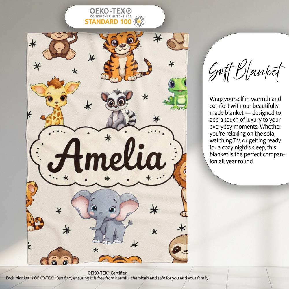 Cute Cartoon Safari Animals with Stars on Beige Background Nursery Personalised Custom Name Super Soft Fleece Blanket Bed Sofa Throw