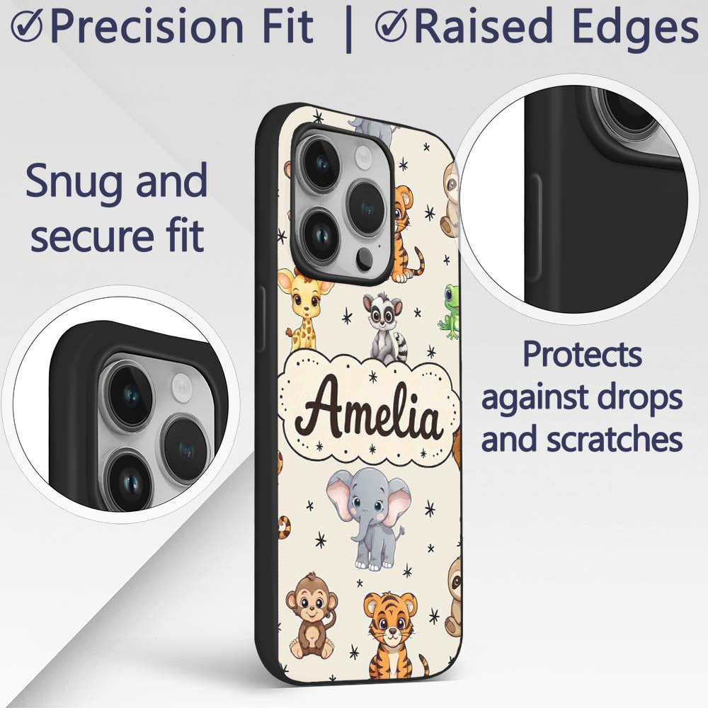 Cute Cartoon Safari Animals with Stars on Beige Custom Name Protective Phone Case Mobile Cover Durable Everyday Smartphone Shock Resistant