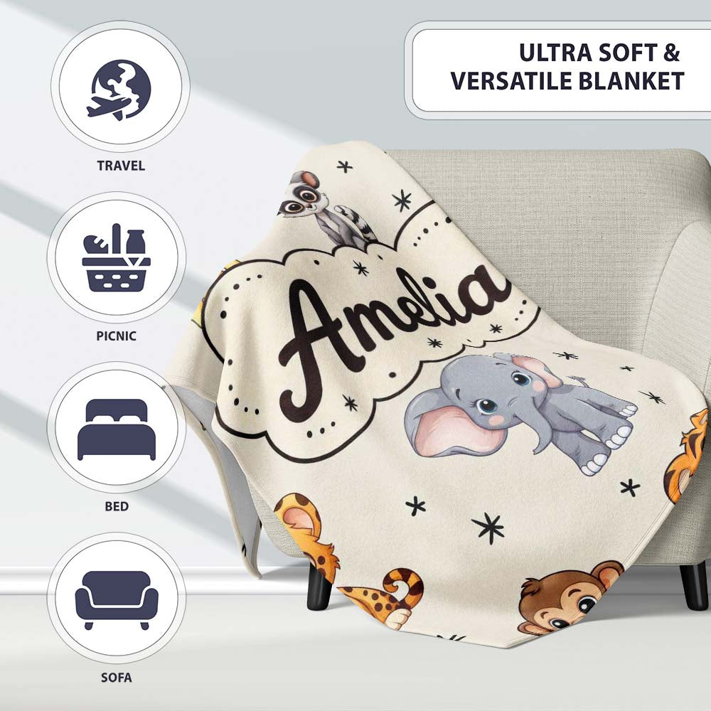 Cute Cartoon Safari Animals with Stars on Beige Background Nursery Personalised Custom Name Super Soft Fleece Blanket Bed Sofa Throw