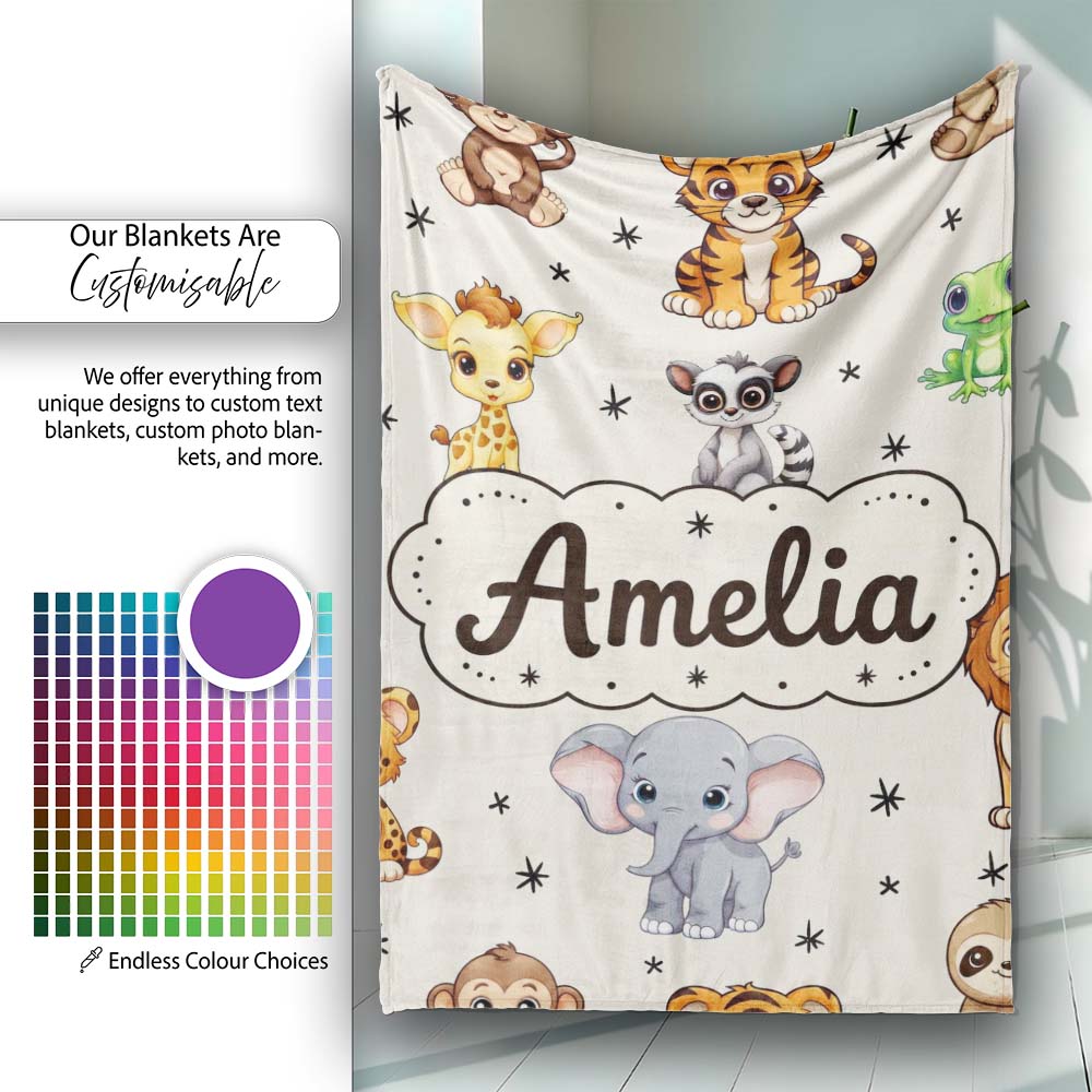 Cute Cartoon Safari Animals with Stars on Beige Background Nursery Personalised Custom Name Super Soft Fleece Blanket Bed Sofa Throw