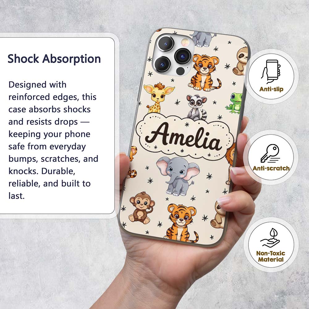 Cute Cartoon Safari Animals with Stars on Beige Custom Name Protective Phone Case Mobile Cover Durable Everyday Smartphone Shock Resistant