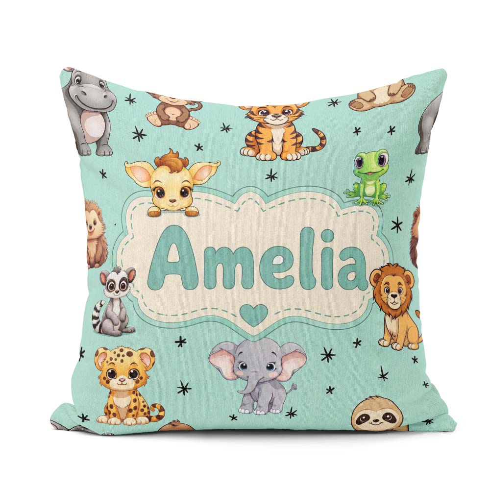 Custom Name Cartoon Safari Animals with Stars on Mint Background Square Filled Cushion Throw Pillow Sofa Bed Home Decor Zip Washable UK Made