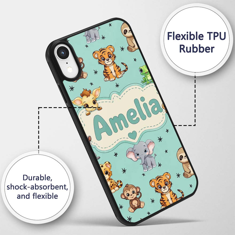 Cute Cartoon Safari Animals with Stars on Mint Custom Name Protective Phone Case Mobile Cover Durable Everyday Smartphone Shock Resistant