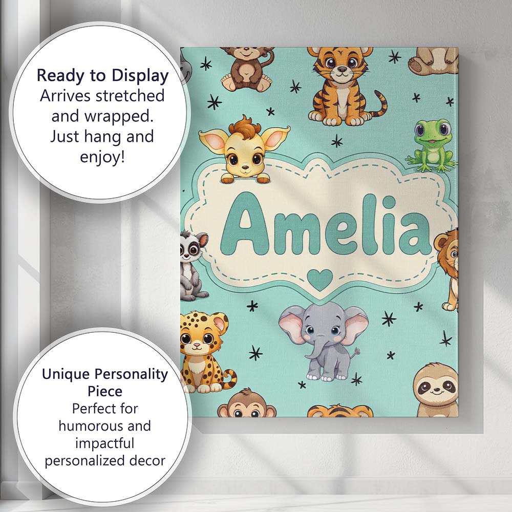 Personalised Name Cute Cartoon Safari Custom Modern Room Accent Creative Decorator Style Canvas Wall Art Print Decor Picture Ready to Hang