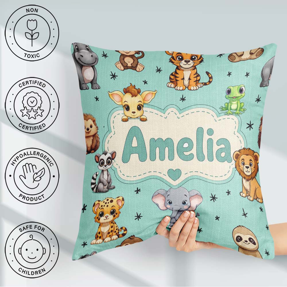 Custom Name Cartoon Safari Animals with Stars on Mint Background Square Filled Cushion Throw Pillow Sofa Bed Home Decor Zip Washable UK Made