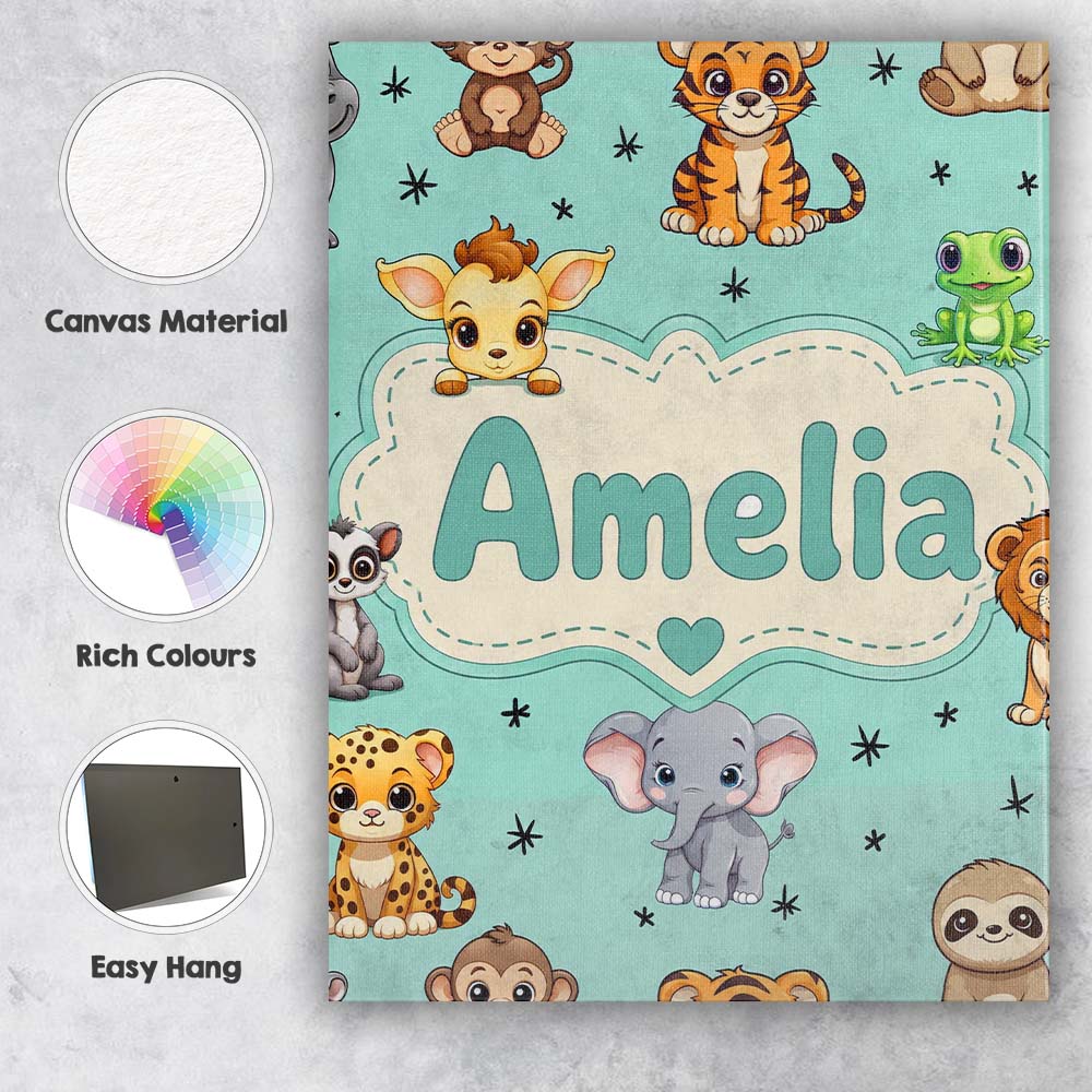Personalised Name Cute Cartoon Safari Custom Modern Room Accent Creative Decorator Style Canvas Wall Art Print Decor Picture Ready to Hang