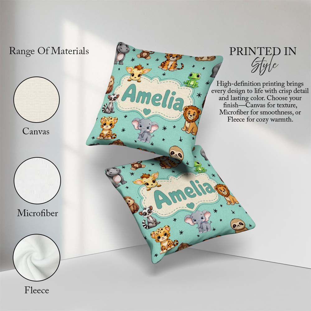 Custom Name Cartoon Safari Animals with Stars on Mint Background Square Filled Cushion Throw Pillow Sofa Bed Home Decor Zip Washable UK Made