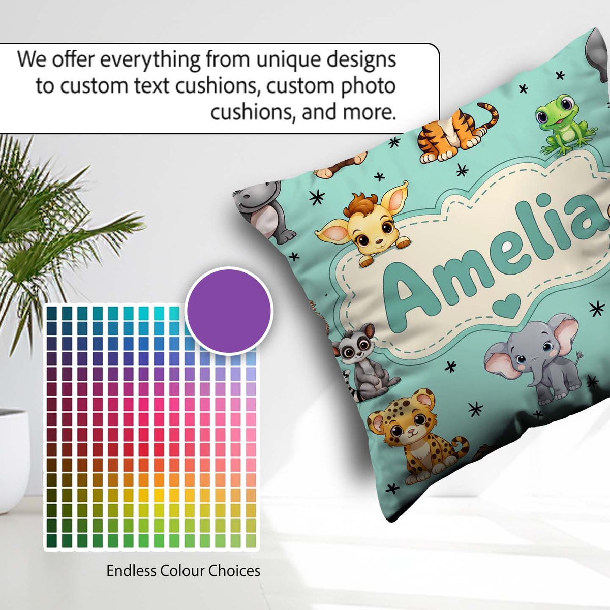 Custom Name Cartoon Safari Animals with Stars on Mint Background Square Filled Cushion Throw Pillow Sofa Bed Home Decor Zip Washable UK Made